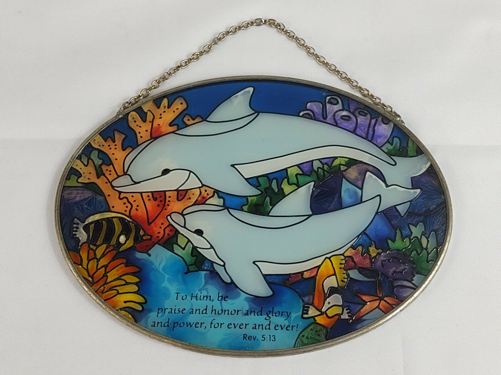 Vtg Joan Baker Designs Hand Painted Dolphins Rev. 5:13 Bible Stained Glass Art