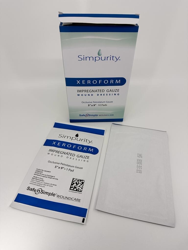 SIMPURITY XEROFORM IMPREGNATED GAUZE WOUND DRESSING 5"X9", 10 PADS PER BOX