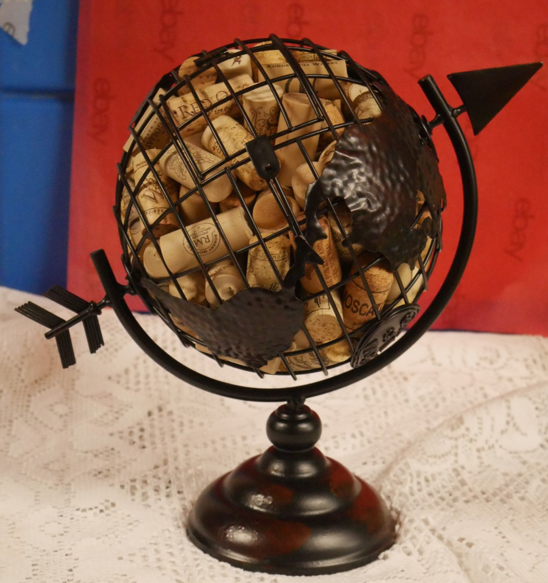 EUC RARE 8" CORKS OF THE WORLD EARTH ROTATING GLOBE FILLED WITH CORKS