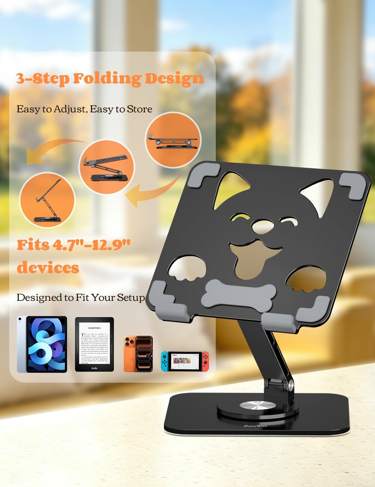 Adjustable Tablet Stand, 360° Rotating Aluminum Holder, Black
