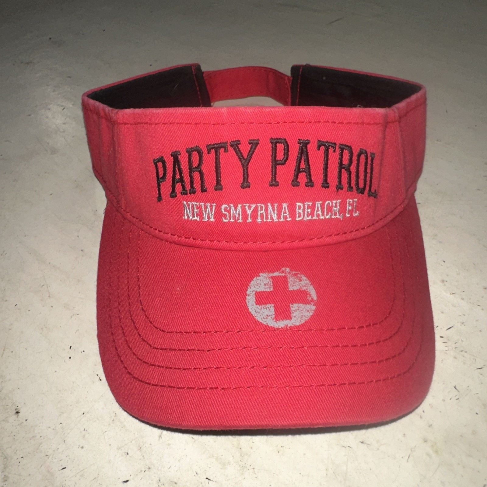 Party Patrol New Smyrna Beach Florida FL Red Visor Hat Adult Red Hook Loop Logo