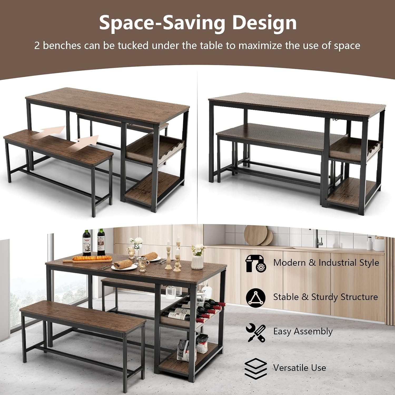 Dining Table Set for 4 3-Piece 55" L Kitchen Table Set w/ 2 Benches Breakfast