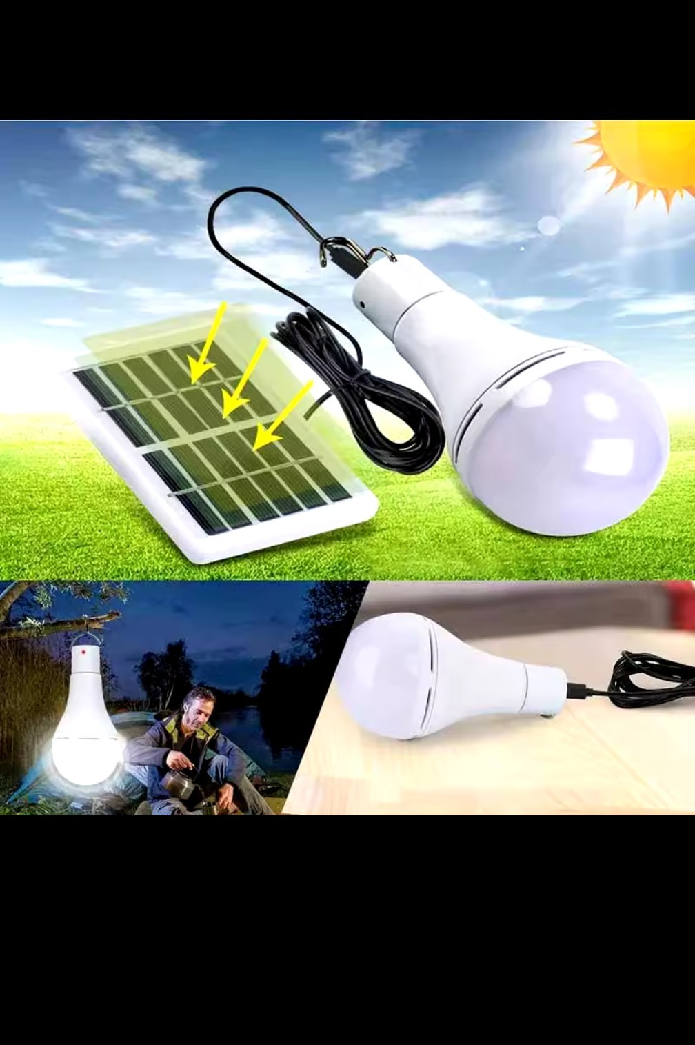 Solar LED Torch Rechargeable Night Light Outdoor Camping Lamp Emergency Lighting