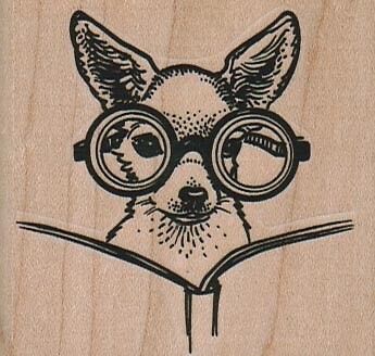 Chihuahua With Glasses 2 1/2 x 2 1/4" Rubber Stamp, Dog Stamp, Dog Reading