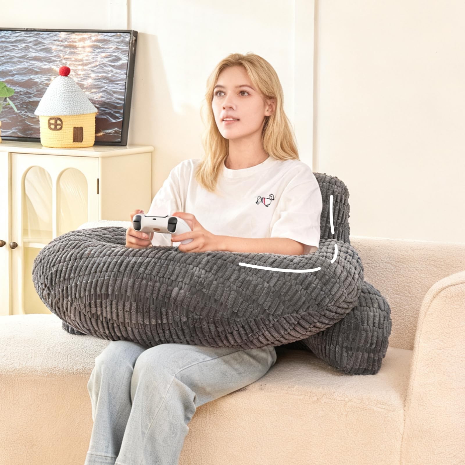 PAJEO 17" Reading Pillow for Bed,U Shaped Arm and Elbow Support,Gray Corduroy...