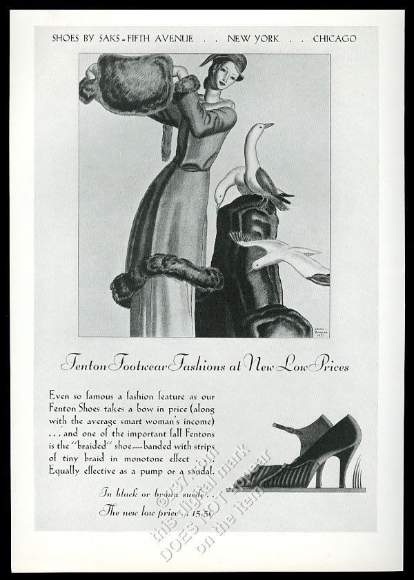 1931 Jean Dupas seagull and fashion woman art Fenton shoes Saks vintage print ad