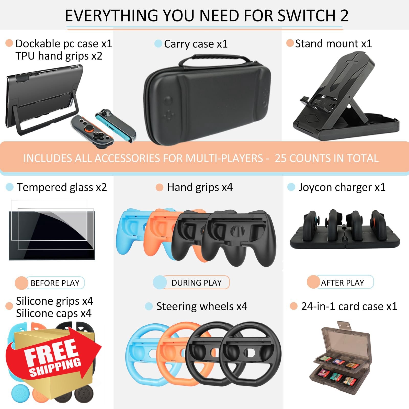 Switch 2 Accessories Family Bundle: Case, Charger, Steering Wheels, Dock Kit