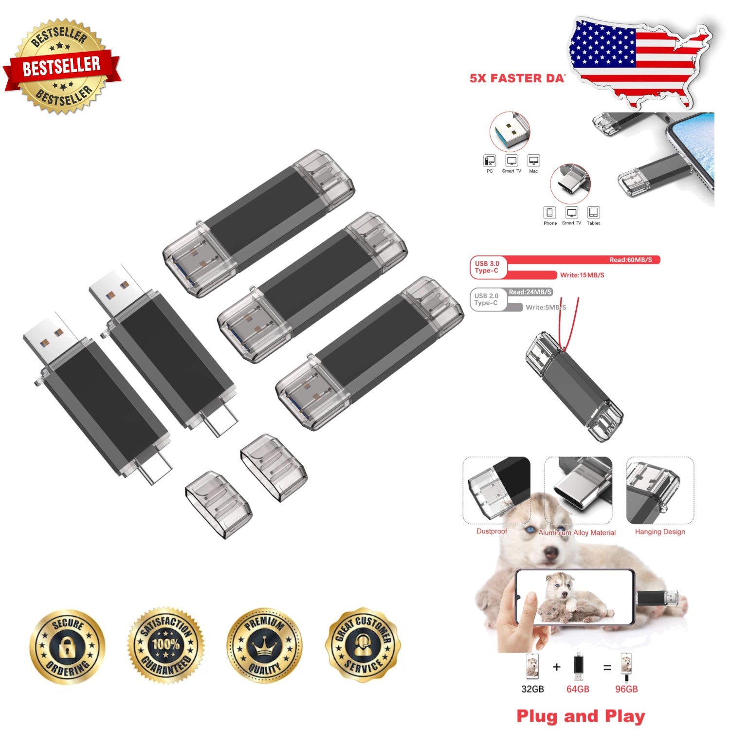 5 Pack 64GB USB C Flash Drive OTG USB 3.0 Dual Type C Memory Stick