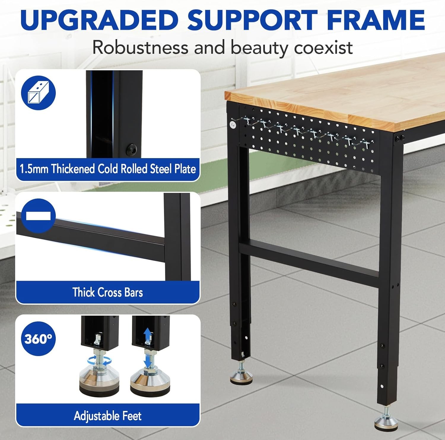60" Adjustable Workbench, Heavy Duty Workstation with Power Outlets, 2000 LBS