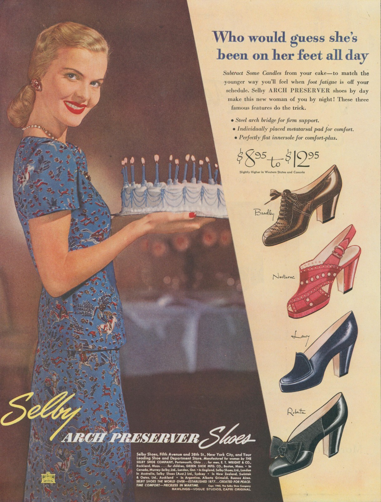 1945 Selby Shoes Woman With Birthday Cake Lit Candles Embroidered Dress Ad LHJ6