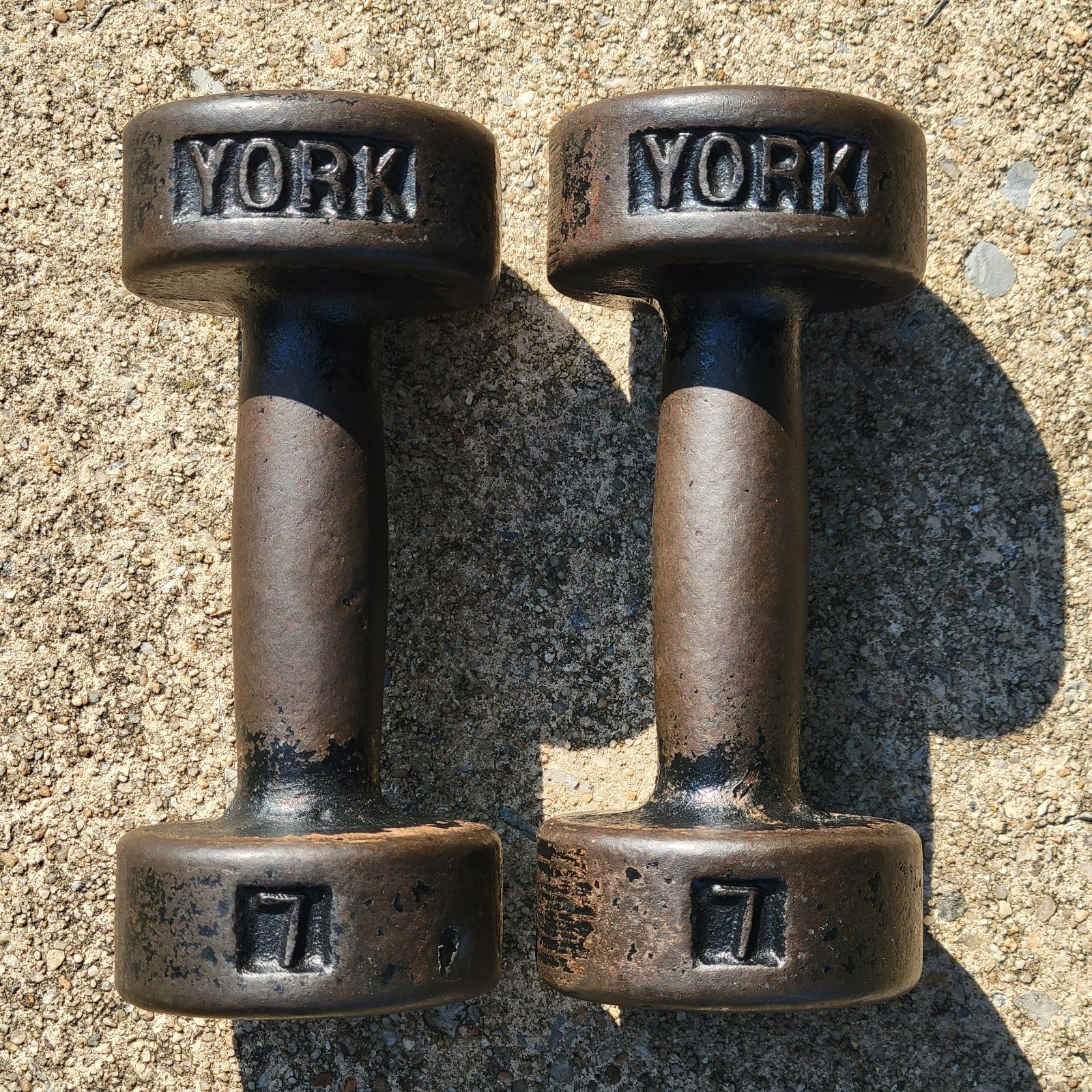 Vintage York Barbell Cast Iron Dumbbells 7 lb Pair Round Flat Head Weight Set US