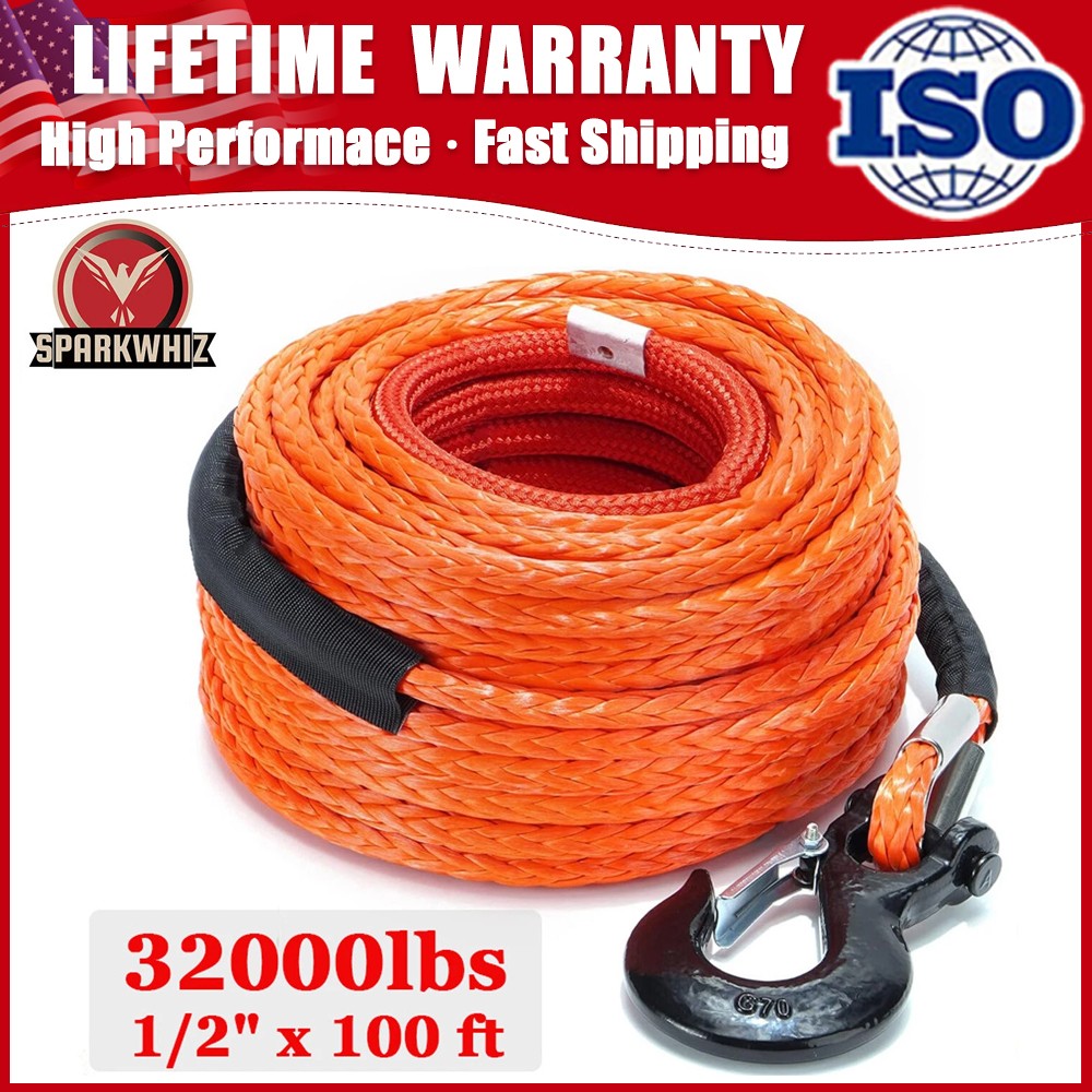 Synthetic Winch Rope 1/2"x100'ft 32000lbs Winch Cable Line Rope Off Road For ATV