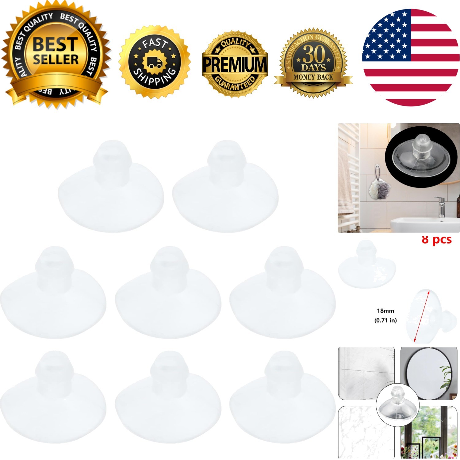 Versatile 18mm Clear Rubber Suction Cups for Smooth Surface Attachment - 8 Pack