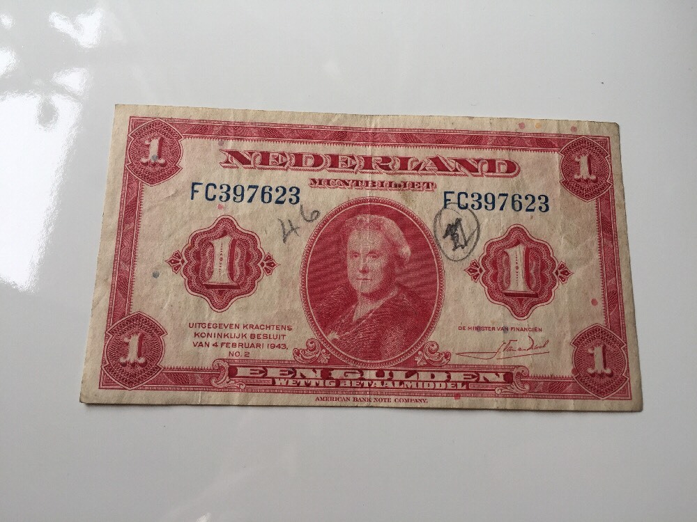1943 1 EEN GULDEN NEDERLAND NETHERLANDS BILL AUTHENTIC