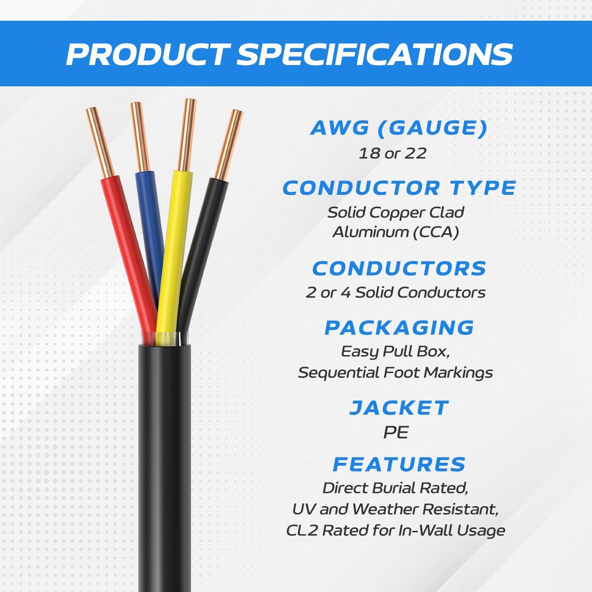 Outdoor Alarm Cable 500ft Solid CL2 Rated 18/4 AWG CCA Security