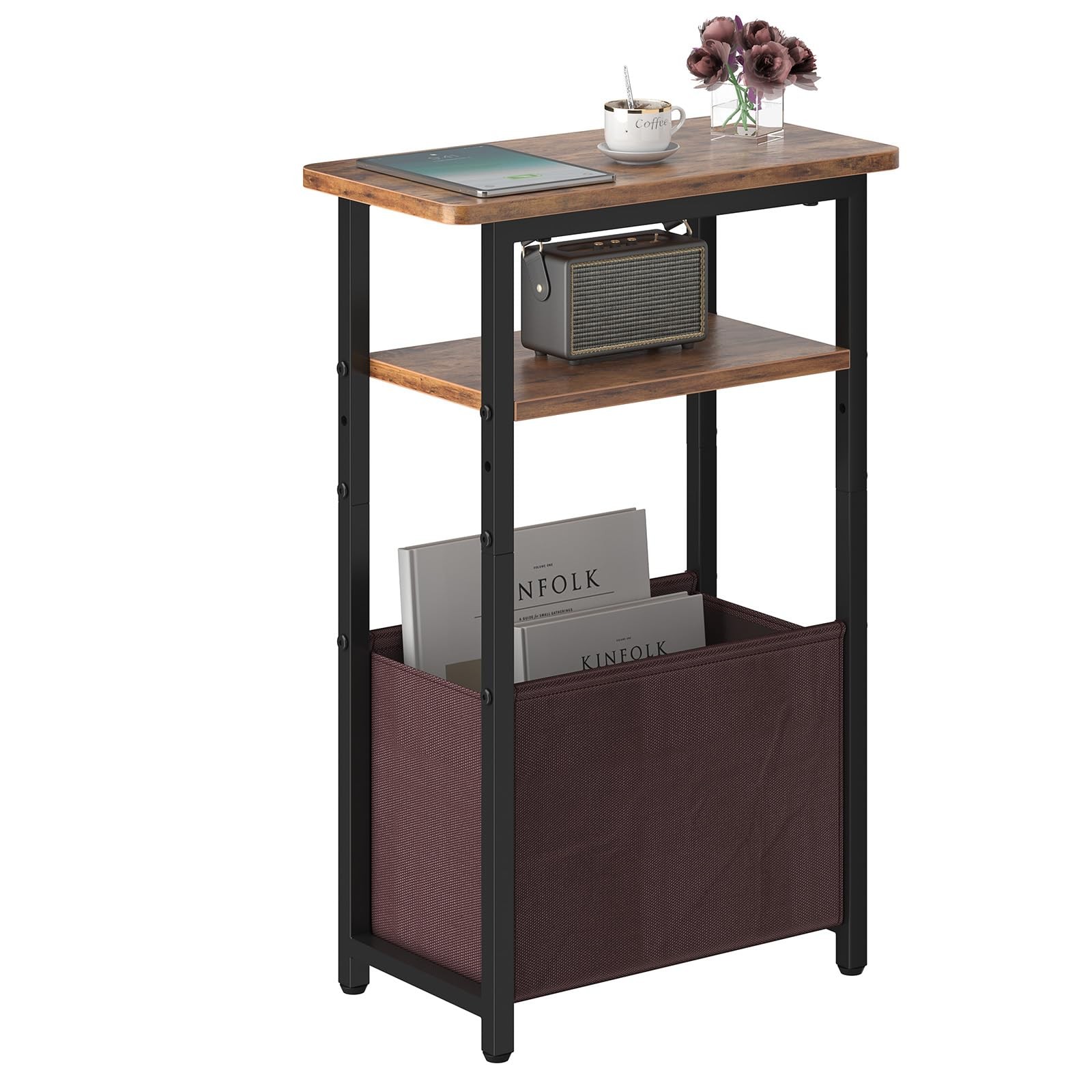 Narrow Side Table, Skinny End Tables with Fabric Basket, Small Side Tables fo...
