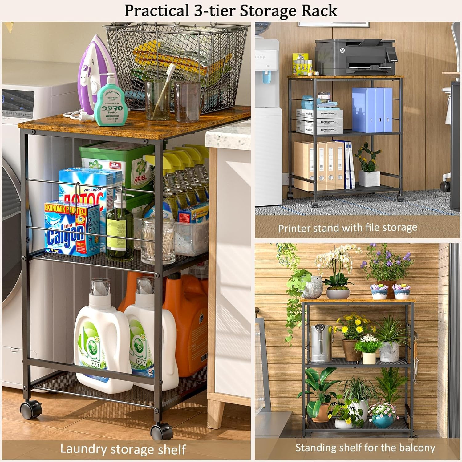 Rolling Kitchen Microwave Cart, 3 Tier Microwave Table Stand with Storage, Kitch
