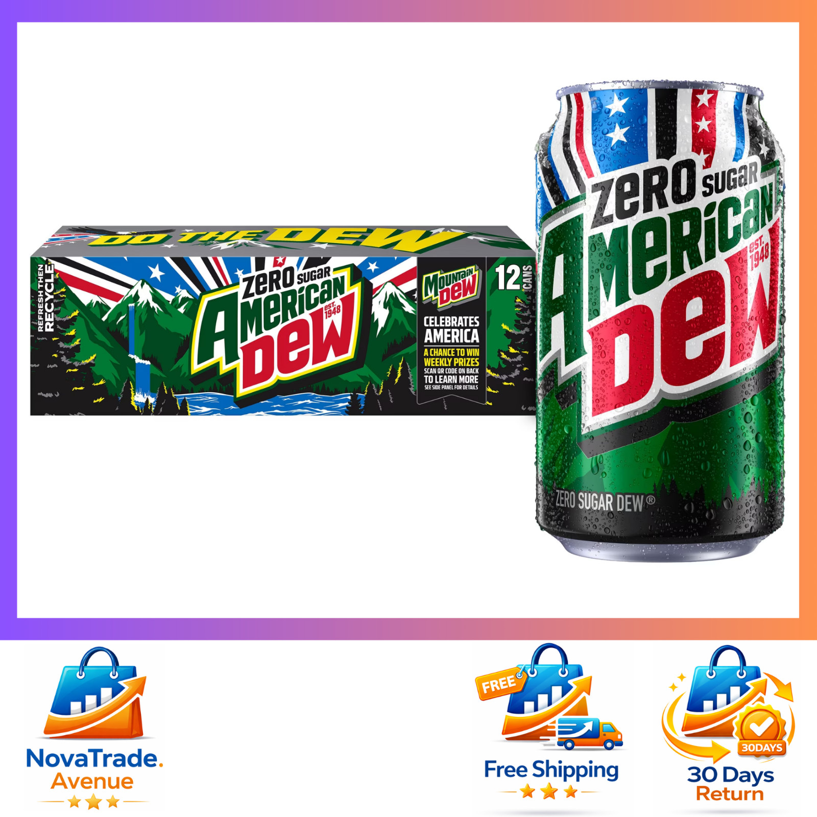 Mountain Dew Zero Sugar American Dew 250th Anniversary Soda Pop 12 Pack 12oz Can