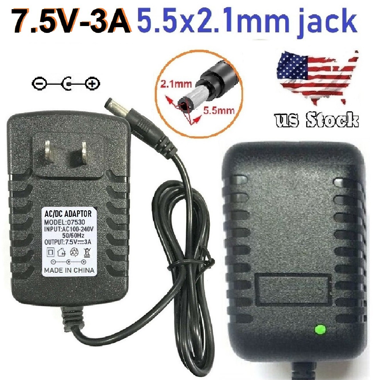 7.5V 3A 3000mA AC Adapter to DC Power Supply Charger Cord 5.5x2.1mm US plug
