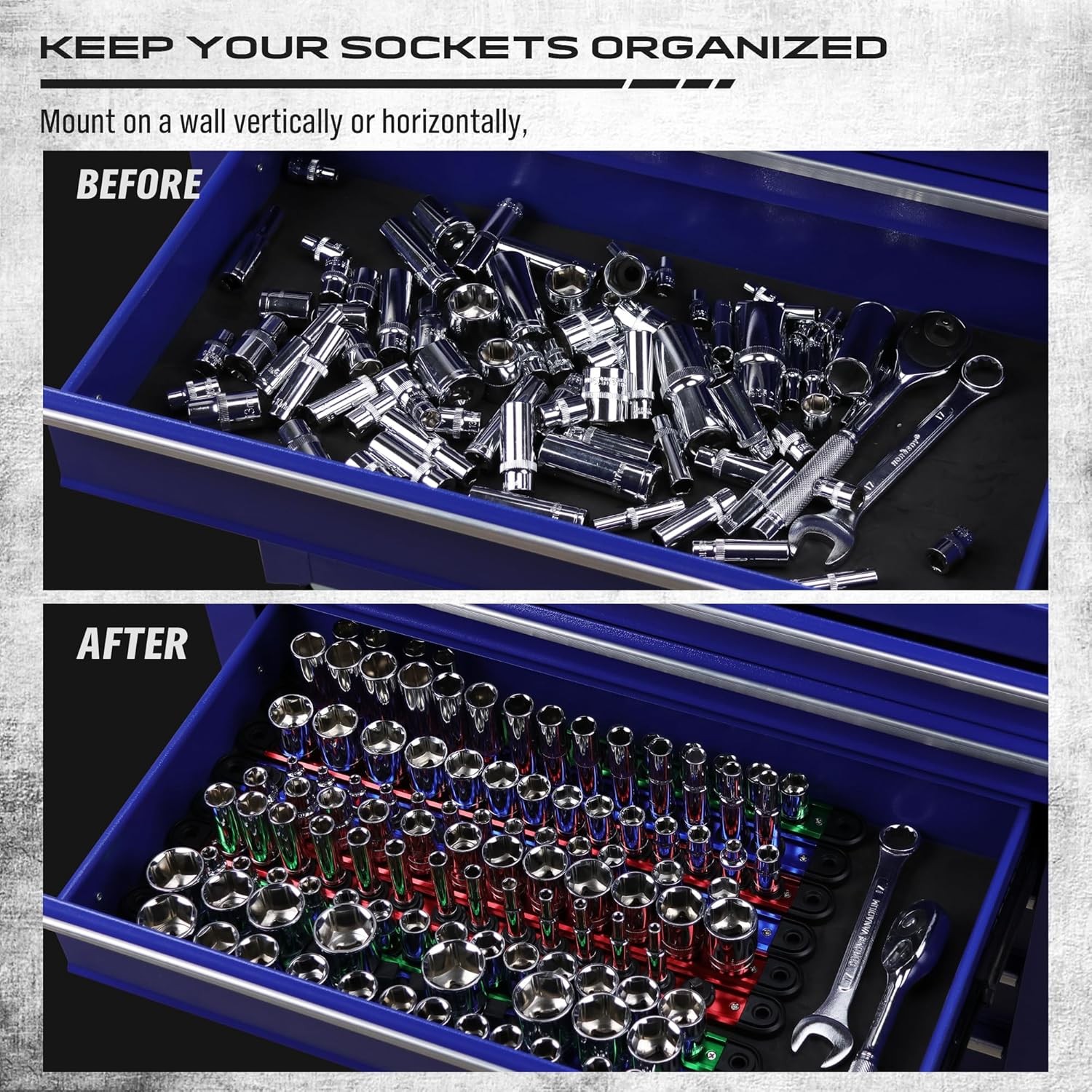9-Piece Magnetic Socket Holder Organizer Set 1/4, 3/8, 1/2 Socket Trays for Gar