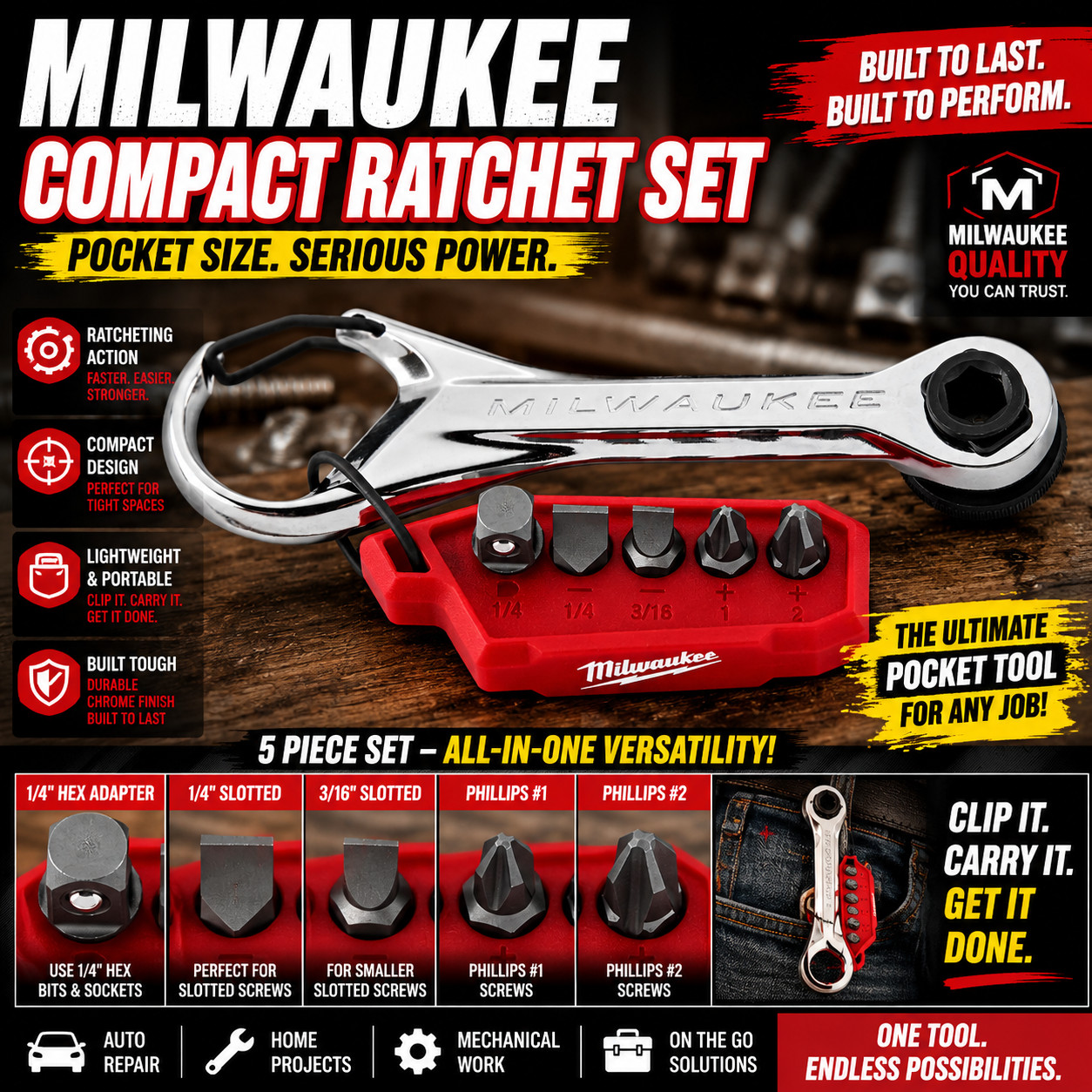 Milwaukee Tool 48-22-2950 7-In-1 Multi-Bit Mini Ratchet Bits Compact Racheting