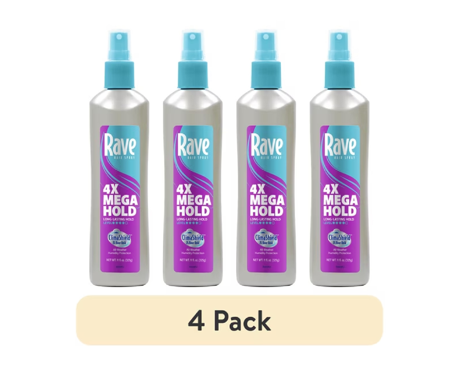 (4 Pack) Rave 4X Mega Hold Non-Aerosol Hair Spray, All-Weather Protection, 11 oz