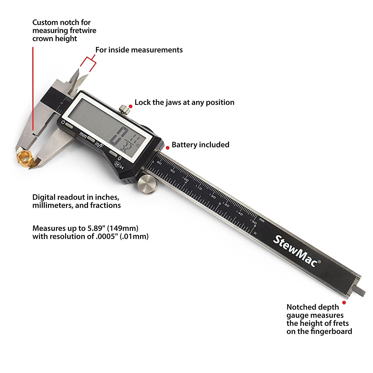 StewMac Professional Luthier's Digital Caliper with Custom Jaw Notch for...