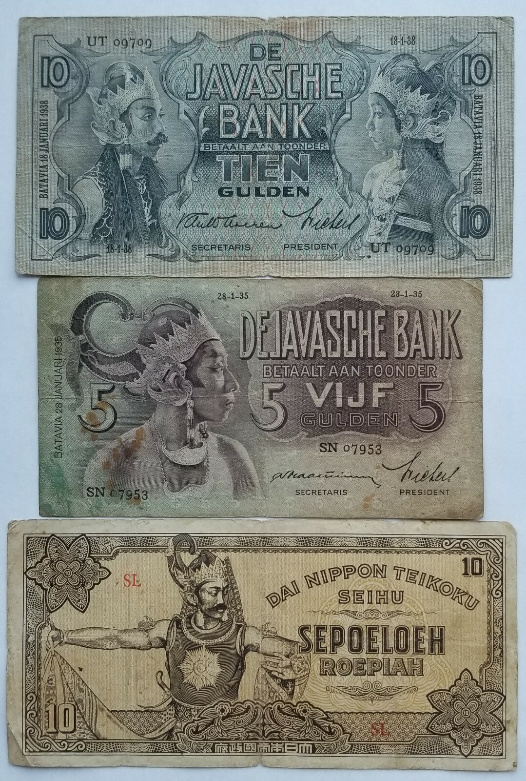 NETHERLANDS INDIES 5 AND 2 X 10 GULDEN THREE BANKNOTES JAVASCHE BANK VERY RARE