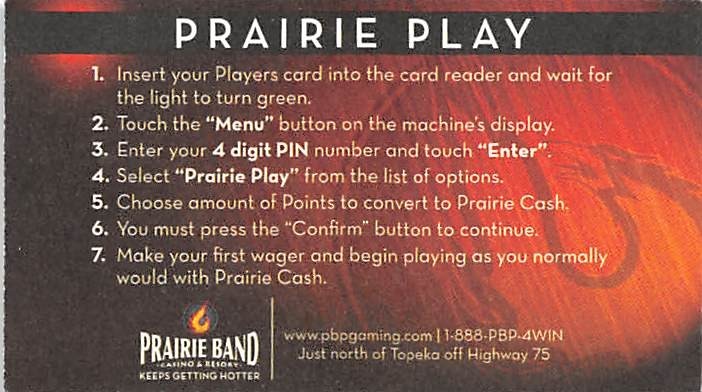 Prairie Band Casino - Mayetta, KS - Paper Free Play Instruction Card