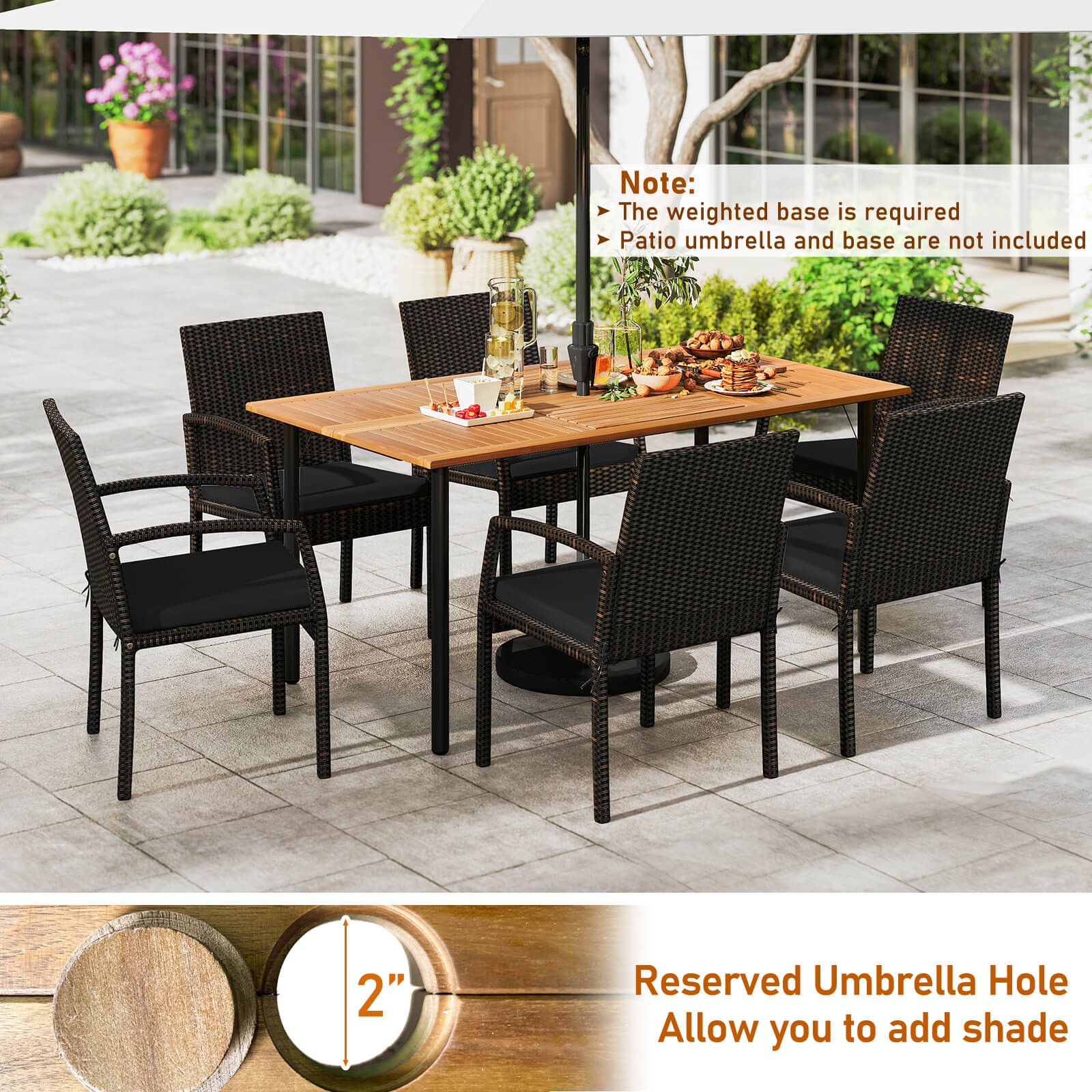Patiojoy 7-Piece Dining Table Set w/ Dining Table & 6 Armchairs & Soft Cushions