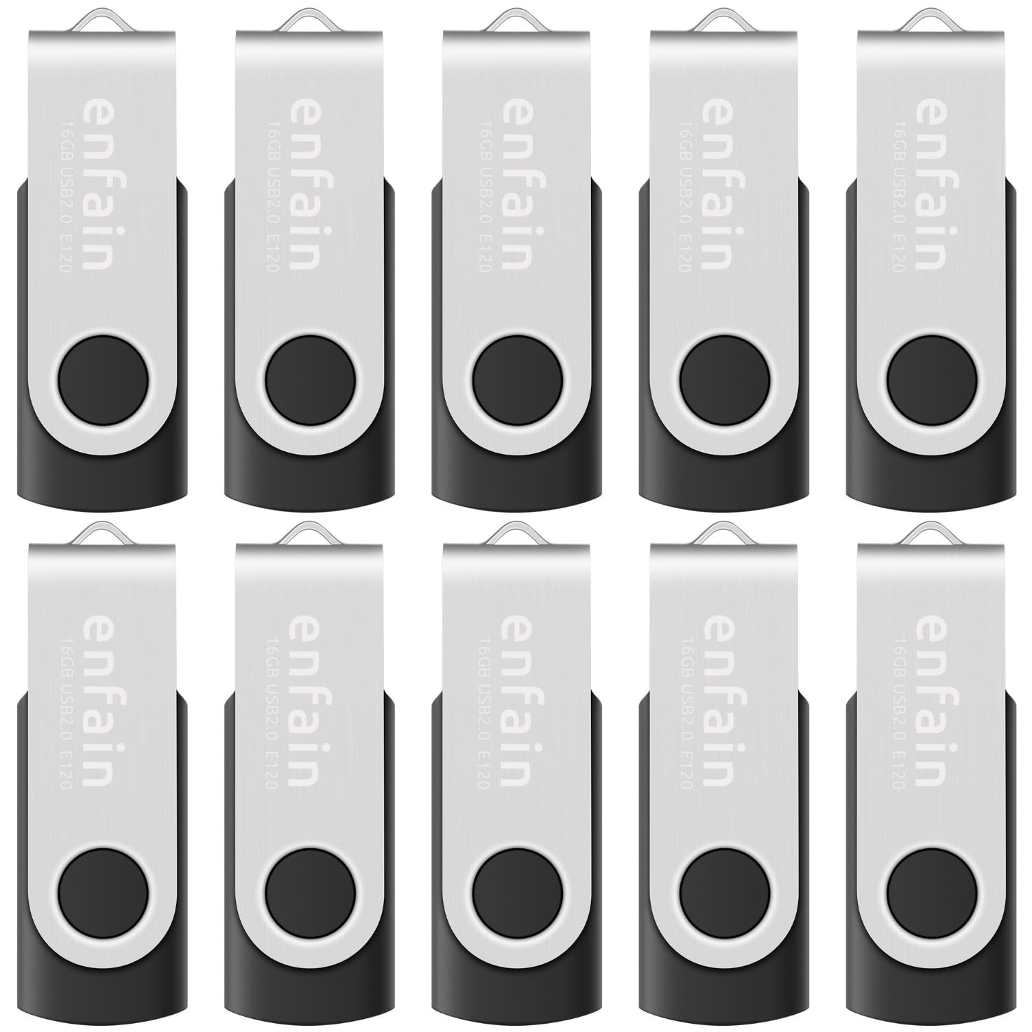 Enfain 16GB USB 2.0 Flash Drive 10 Pack | 160GB Total Swivel 16GB, Black