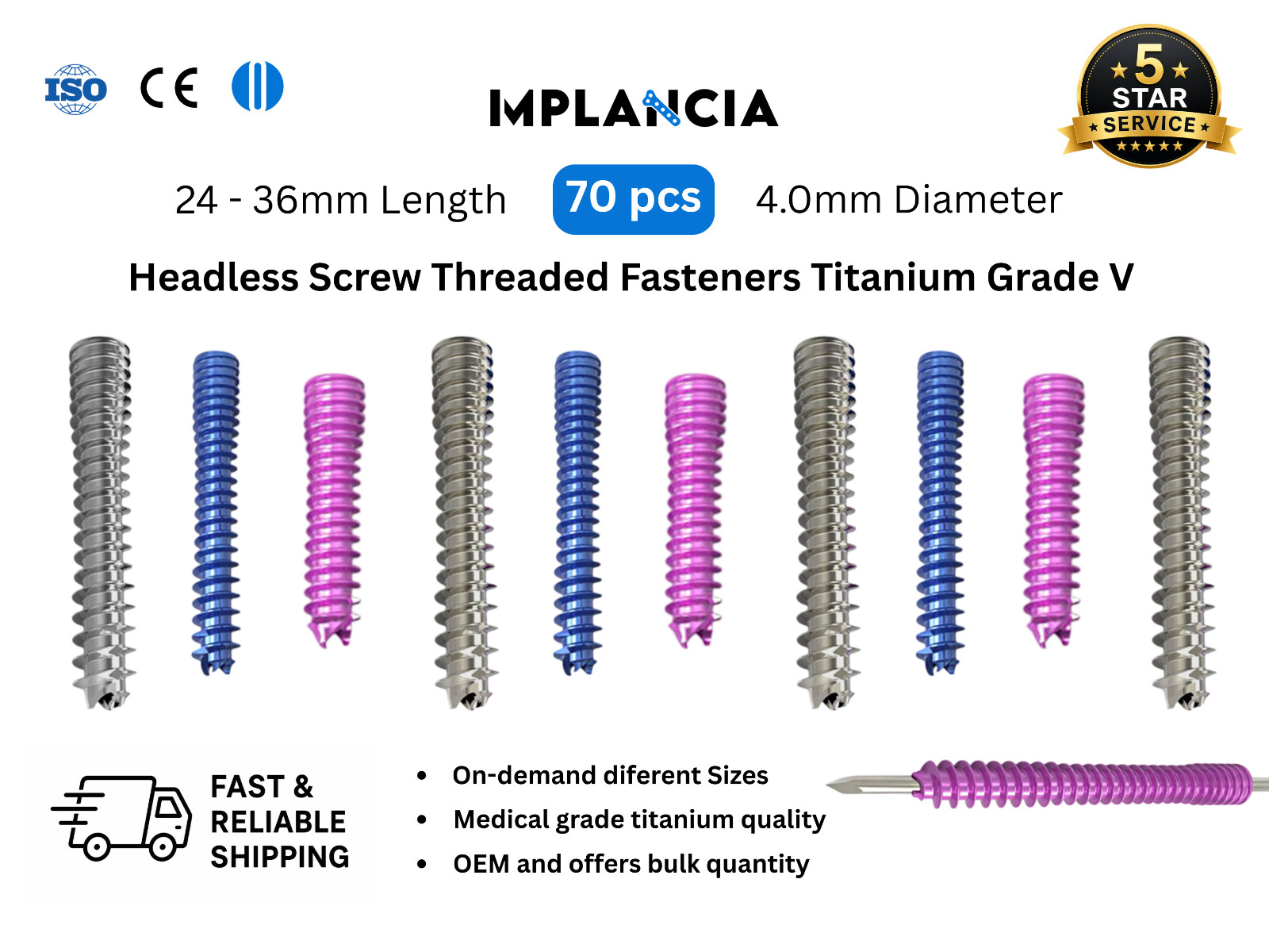 4.0mm Titanium Headless Threaded Fastener Precision Alloy Multiple Length 70 pcs