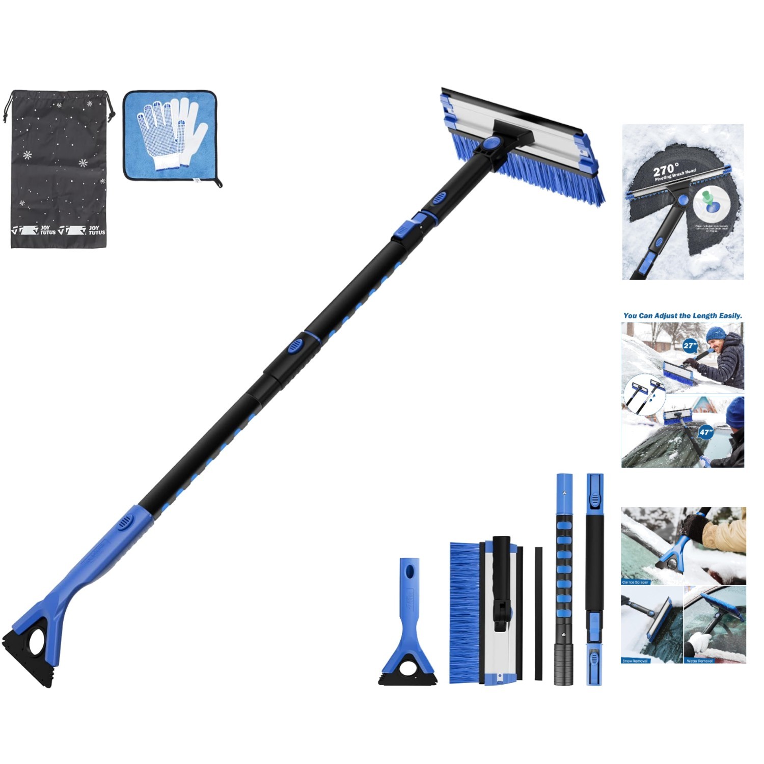 All-in-One Snow Removal Tool – 47.7” Telescoping Brush & Ice Scraper with Gloves