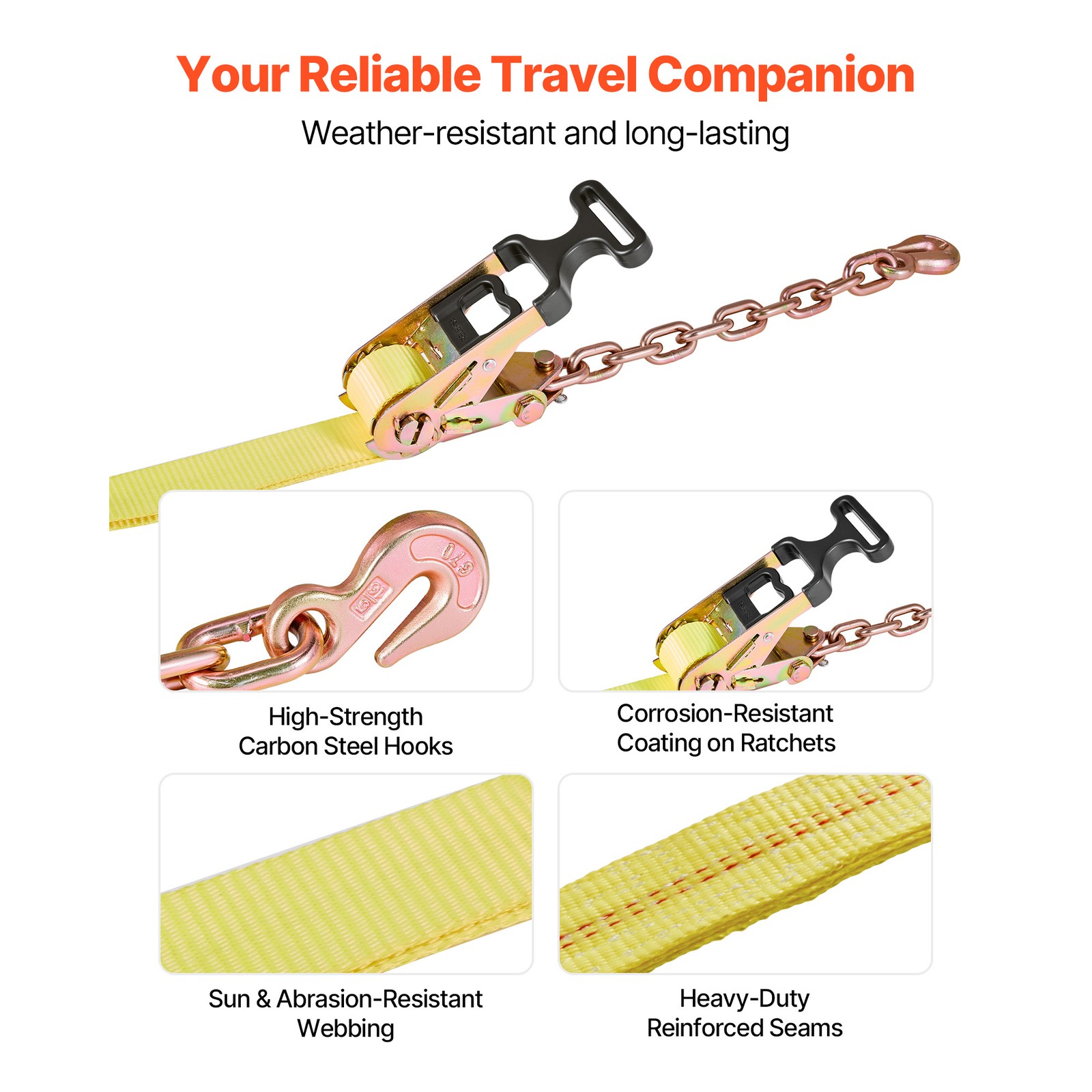 4 Set Wheel Chock Tie-Down Kit Flatbed Ratchet Tie Down Strap w/Durable Hooks