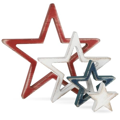 4th of July Table Decorations Stars Decorations Set of 4, Retro Red White Blue
