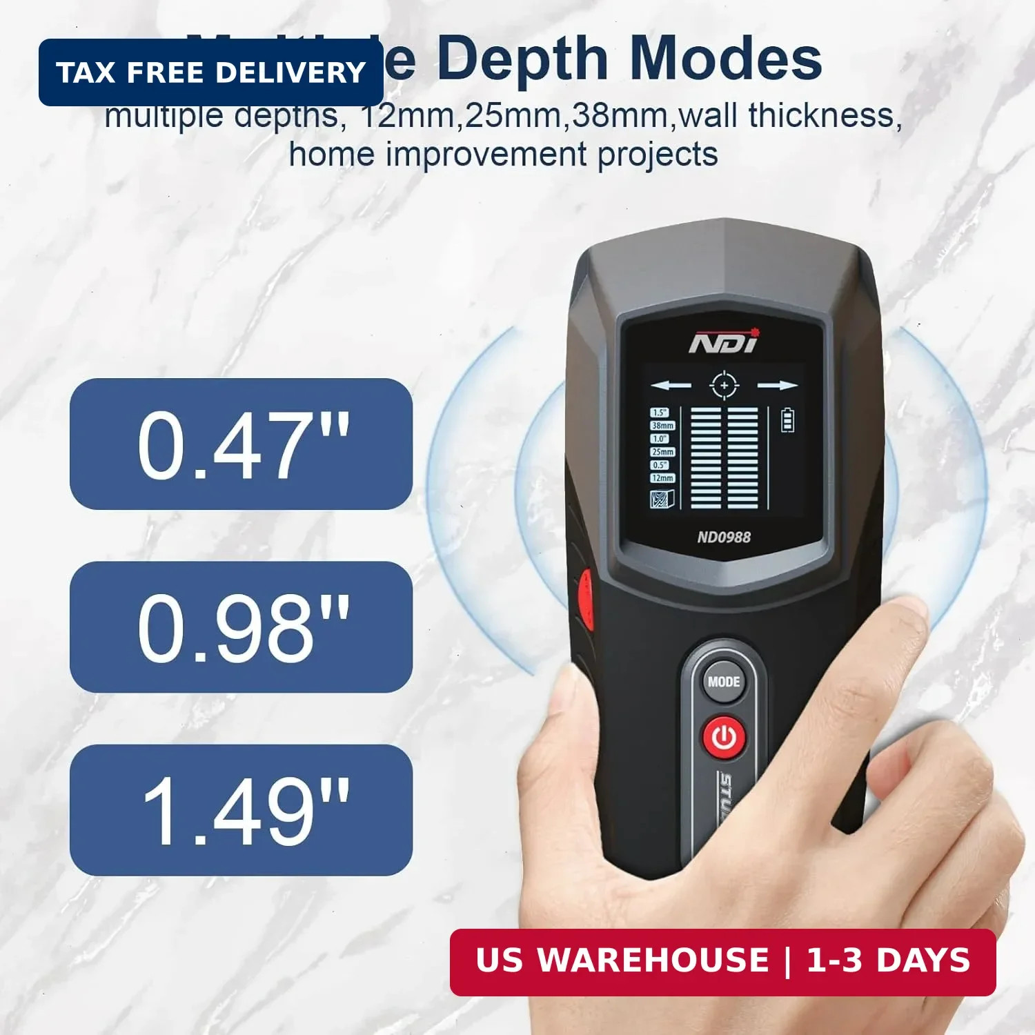 NDI ND0988 Stud Detector - Precise Wall Scanner for Wood Stud Detection with Mul