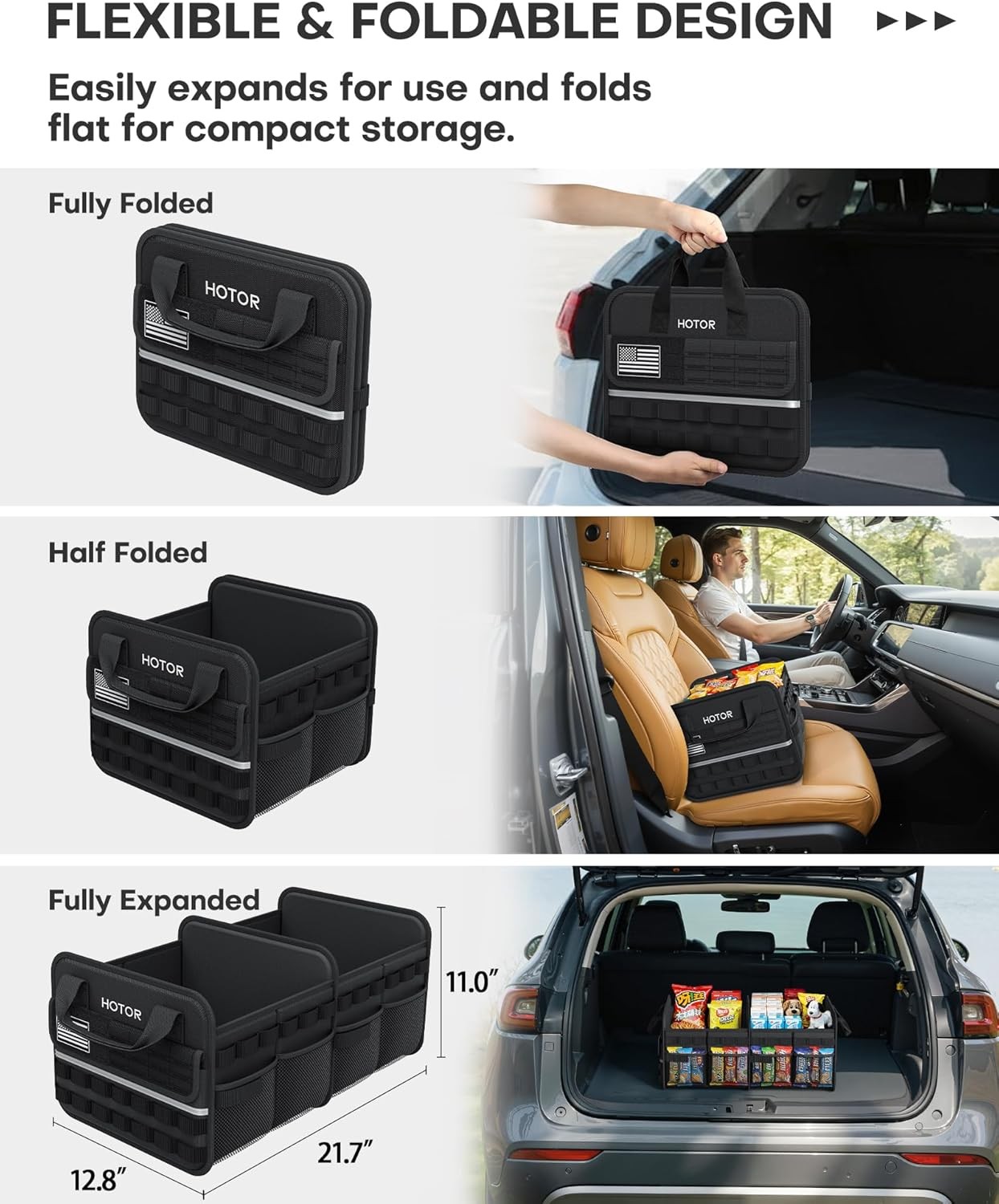 HOTOR Tactical Car Trunk Organizer - Foldable Trunk Organizer for SUV with Front