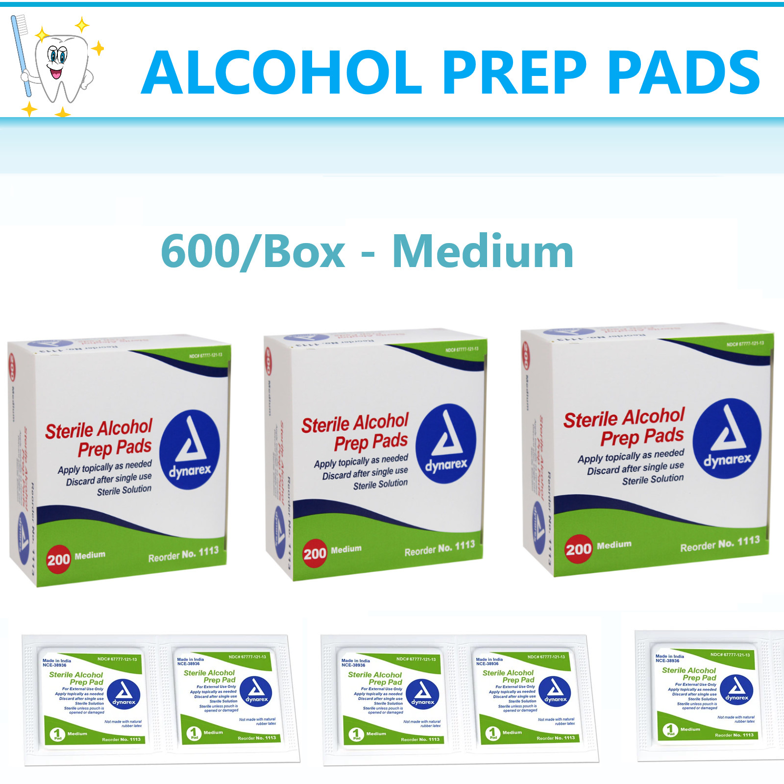 Dynarex Sterile Alcohol Prep Pads, Medical Grade, Medium  - Box of 600 Pads