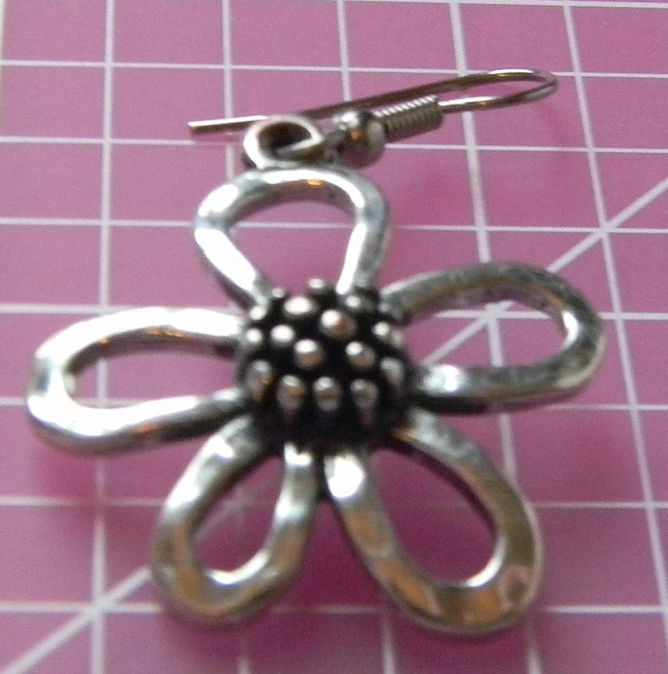 Single Earring ~ Dangle Silver-tone ~ Flower ~ French Wire - Singleton - 12