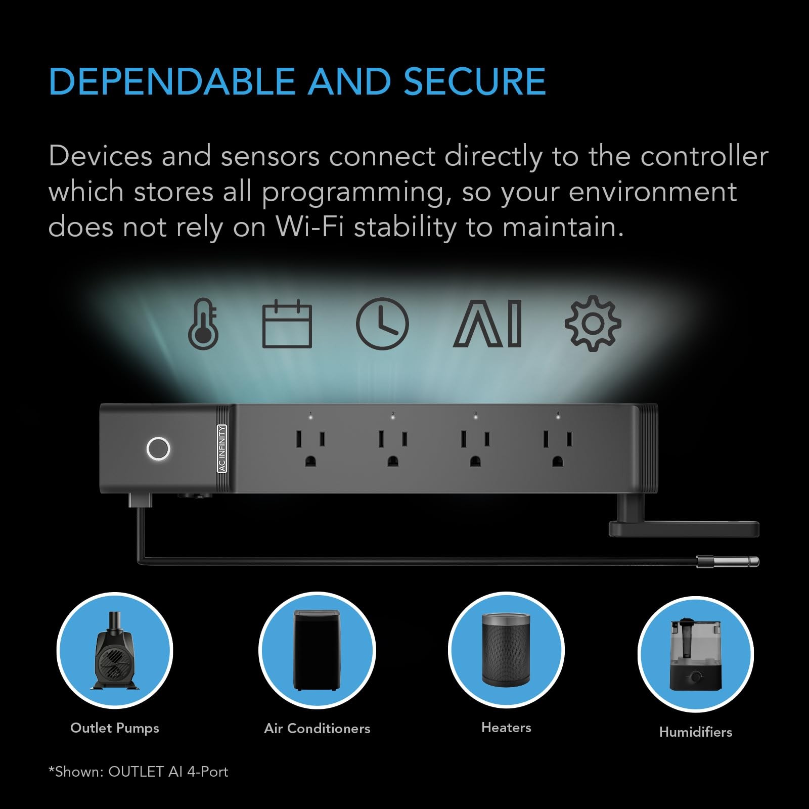 AC Infinity Outlet AI+, Environment Controller, Smart WiFi Power Strip, Black
