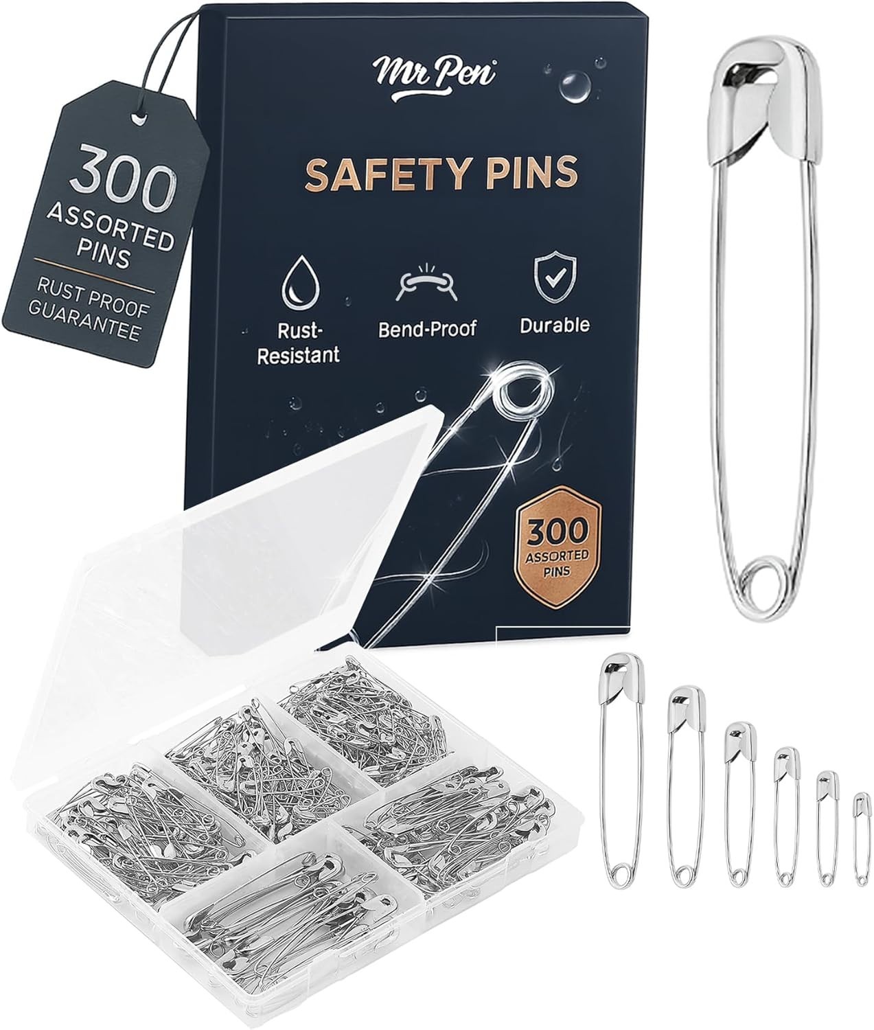 Durable 300 Count Safety Pins - Assorted Sizes with Storage Box for Easy Use