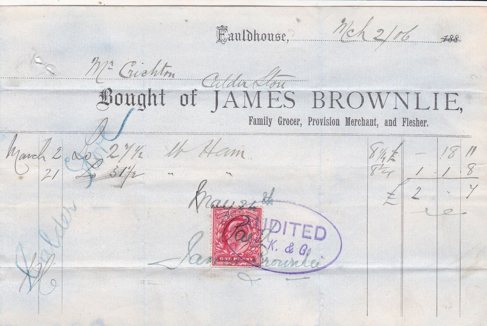 James Brownlie Fauldhouse 1906 Family Grocer Merchant Paid Stamp Receipt Rf40639