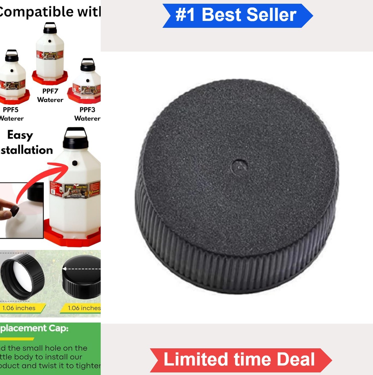 Poultry Waterer Cap Replacement 6 Pack 1.06 Inch HDPE Plastic Black for Little
