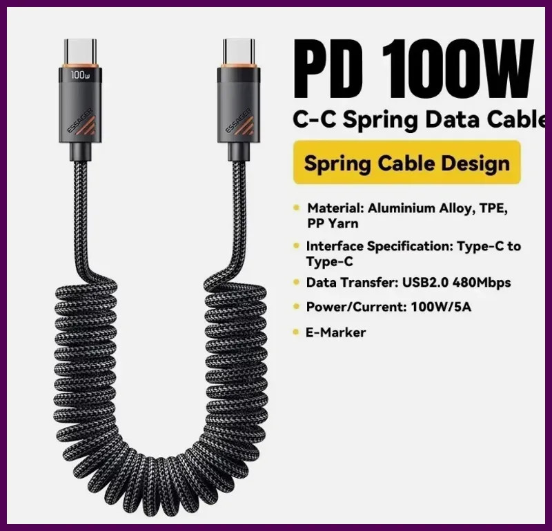 100W USB-C to USB-C Car Charger Cable Coiled Spring Fast Charging PD Type-C