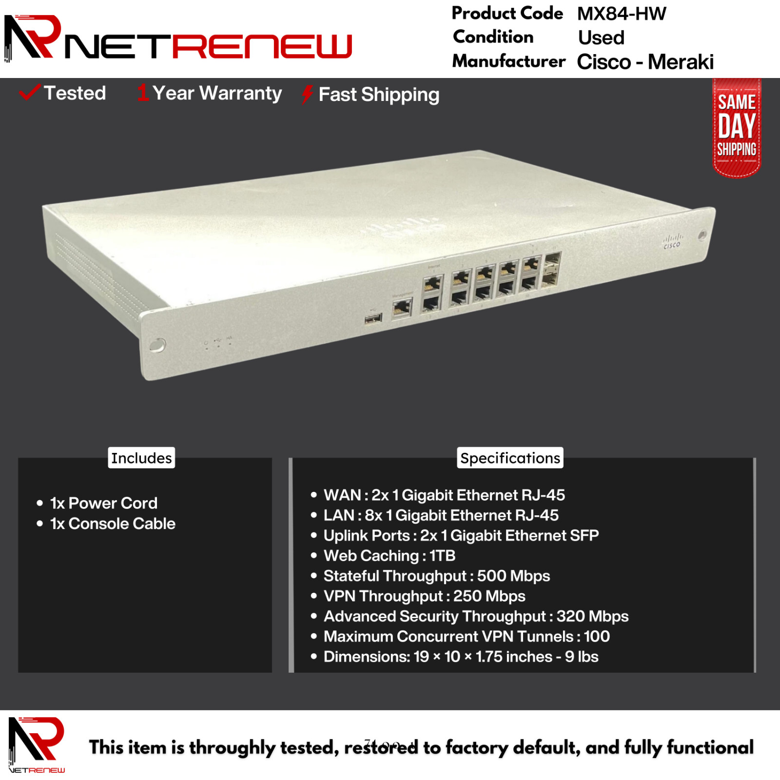 UNCLAIMED Meraki  Cisco MX84-HW Cloud Managed Security Appliance