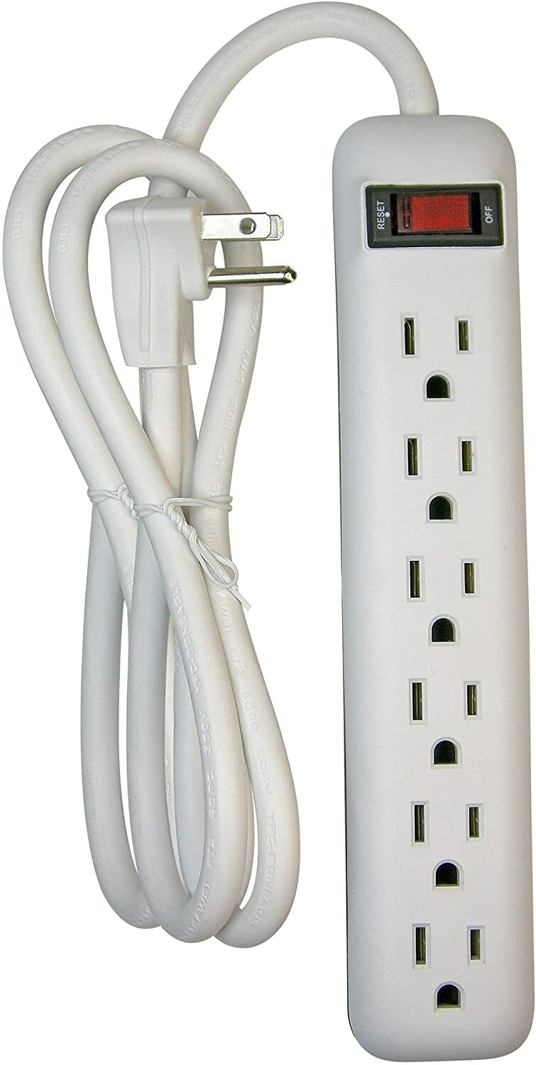 CP 8ft 14/3 SJT Cord Flat Plug w/ 6-Outlet Power Strip, White/Gray, CP30004