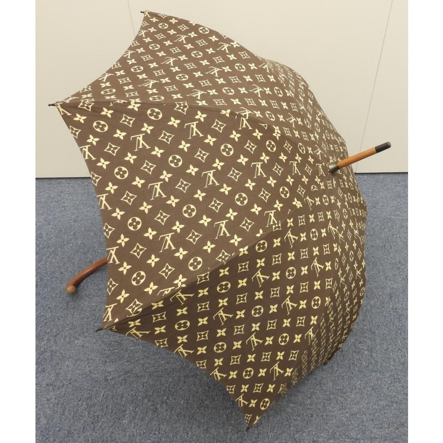 Auth Louis Vuitton Monogram Parasol Sunshade Brown Wood Handle M70114 Cotton