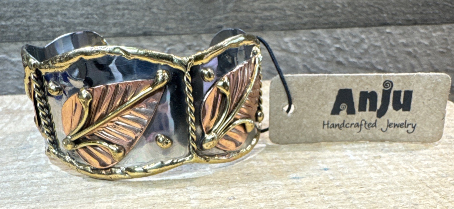 ANJU Handcrafted Boho Chic Copper Leaf Wide Cuff Nature Artisan Bracelet
