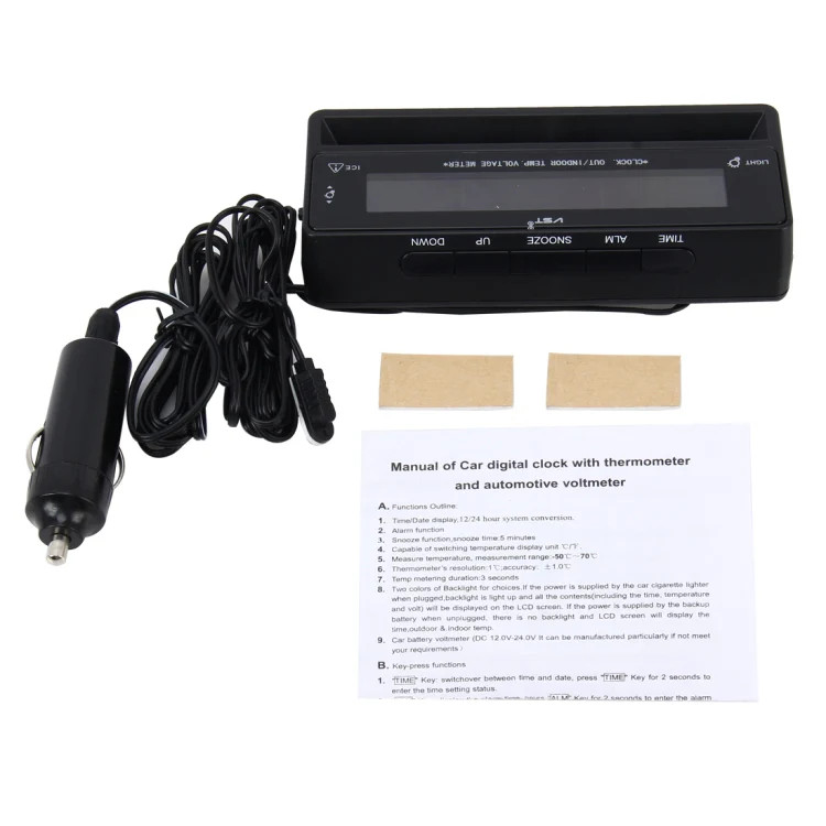 Digital Car Thermometer Voltage Meter Luminous Clock Tester Detector Multi-func