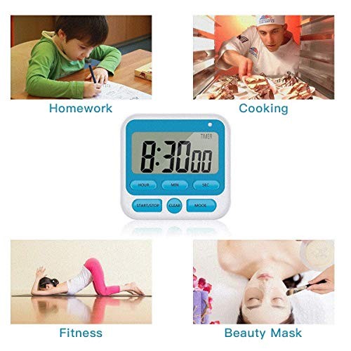 Upgraded Digital Kitchen Timer, ON/Off Switch, 12/24 Hour Clock and Silent Blue